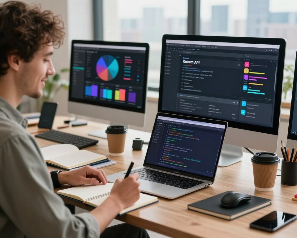 A modern digital workspace featuring a sleek laptop displaying M3U playlists and Xtream API codes on the screen. In the foreground, a friendly professional in smart casual attire is taking notes, surrounded by high-tech gadgets. In the middle ground, a desktop cluttered with coffee cups, notebooks, and vibrant charts depicting streaming statistics. The background features a bright window showing a city skyline, suggesting a dynamic environment. Soft, natural lighting illuminates the scene, creating a warm and inviting atmosphere. The composition should evoke a sense of professionalism and innovation, emphasizing the practical guide for using M3U lists and Xtream API codes in IPTV.