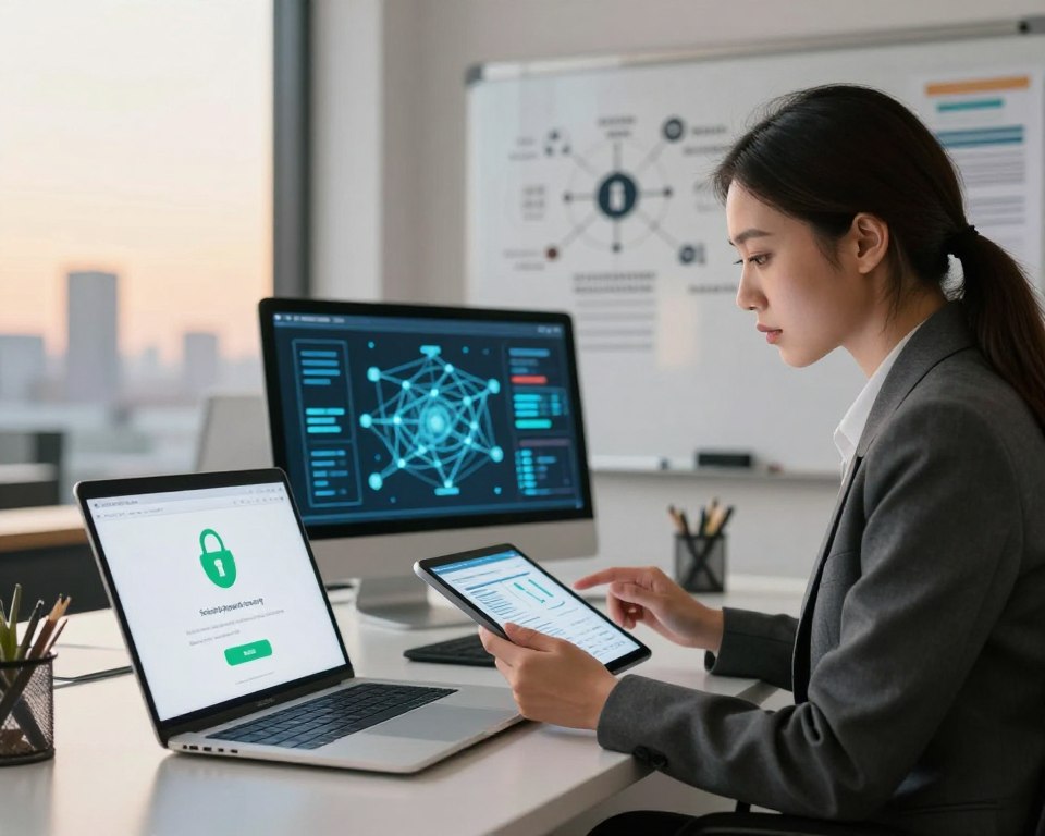 A modern digital workspace focused on online payment security. In the foreground, a sleek laptop displays a secure payment confirmation screen with a green padlock symbol. To the side, a professional businesswoman, dressed in smart attire, examines a tablet displaying data analytics, her expression focused and determined. In the middle ground, a whiteboard outlines essential cybersecurity concepts, while a desktop monitor highlights encryption techniques with flowing network lines. The background features a softly lit office with a blurred skyline view, adding depth and sophistication to the scene. The atmosphere conveys trust and vigilance, with warm lighting accentuating the professional's dedication to data protection and online transaction safety.