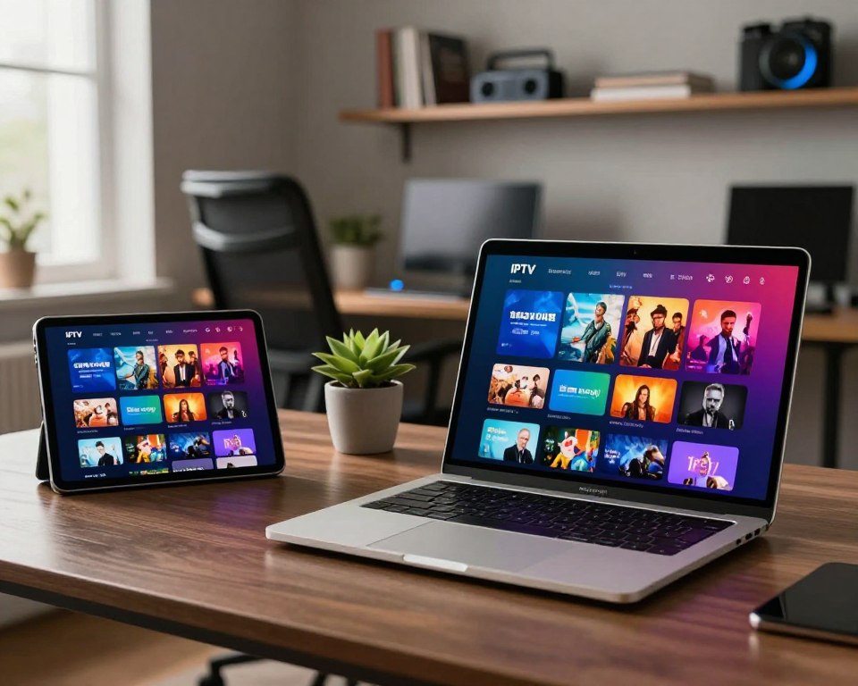 A modern digital workspace showcasing IPTV streaming applications. In the foreground, a sleek laptop displaying a vibrant interface of various streaming platforms, featuring colorful thumbnails of popular shows and movies. To the left, a tablet with similar content, illustrating easy access to streaming options. The middle ground features an ergonomic office chair and a stylish desk, decorated with a small potted plant for a touch of nature. In the background, a muted wall with shelves holding books and tech gadgets, enhancing the professional ambiance. Soft, natural lighting filters through a nearby window, creating a warm and inviting mood. The overall atmosphere should convey a sense of efficiency and modern technology in navigating online television content.