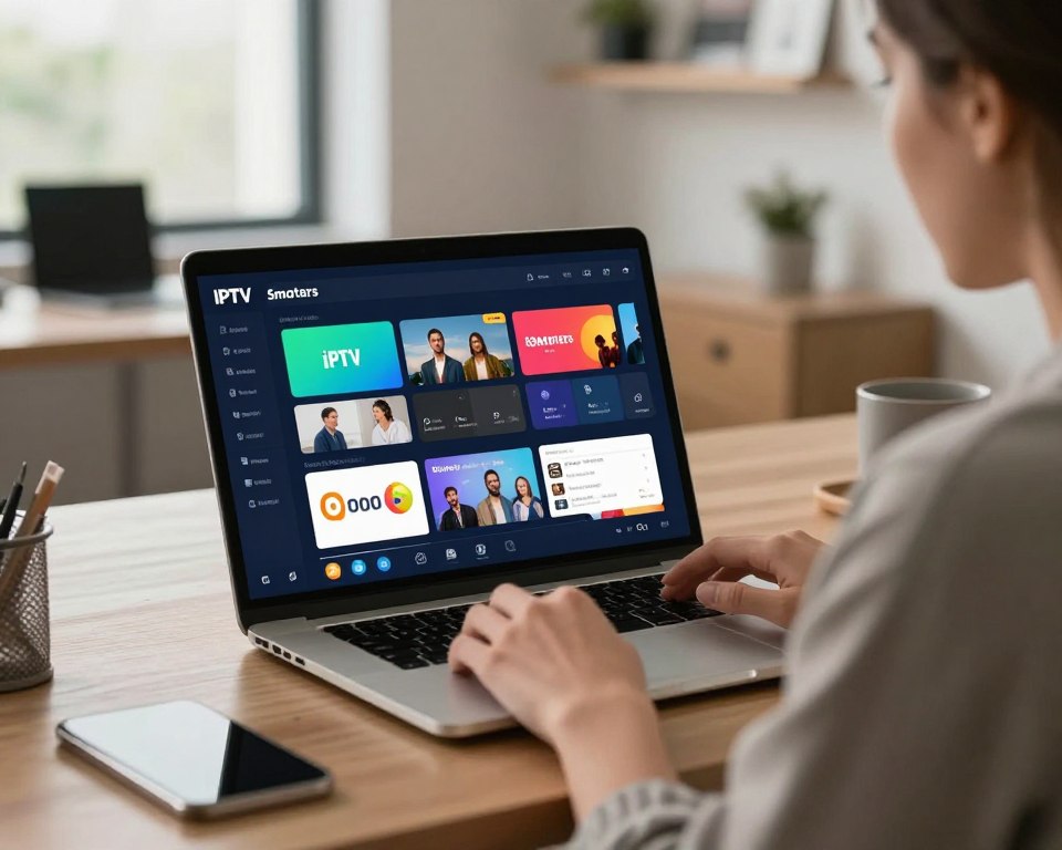 A modern digital workspace showcasing a personalized IPTV Smarters interface on a laptop. In the foreground, a focused professional wearing a smart casual outfit is interacting with the IPTV app, highlighting customization features on the screen. The middle layer captures the laptop screen, displaying vibrant icons and user-friendly menus related to streaming options and personalization settings. In the background, a stylish, well-lit office space with subtle tech decor creates an engaging atmosphere. Soft, natural lighting filters through a nearby window, enhancing the inviting mood. The scene is shot at a slight angle, emphasizing the details of the laptop while creating a sense of depth and focus on the user experience.