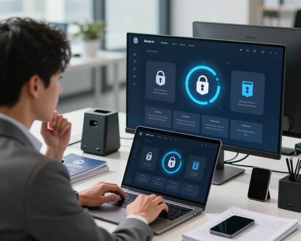 A modern digital workspace showcasing a sleek, high-tech IPTV application interface on a computer screen, with a focus on security features like firewall icons and encryption symbols. In the foreground, there is a professional person in business attire, intently analyzing the app on their laptop, with a thoughtful expression. The middle ground features a desk cluttered with security manuals and tech gadgets, while the background shows a blurred, contemporary office setting with soft lighting highlighting the workspace. The overall mood is focused and serious, conveying a sense of professionalism and the importance of secure IPTV usage. The lighting is bright but soft, creating a welcoming atmosphere that emphasizes both technology and safety.