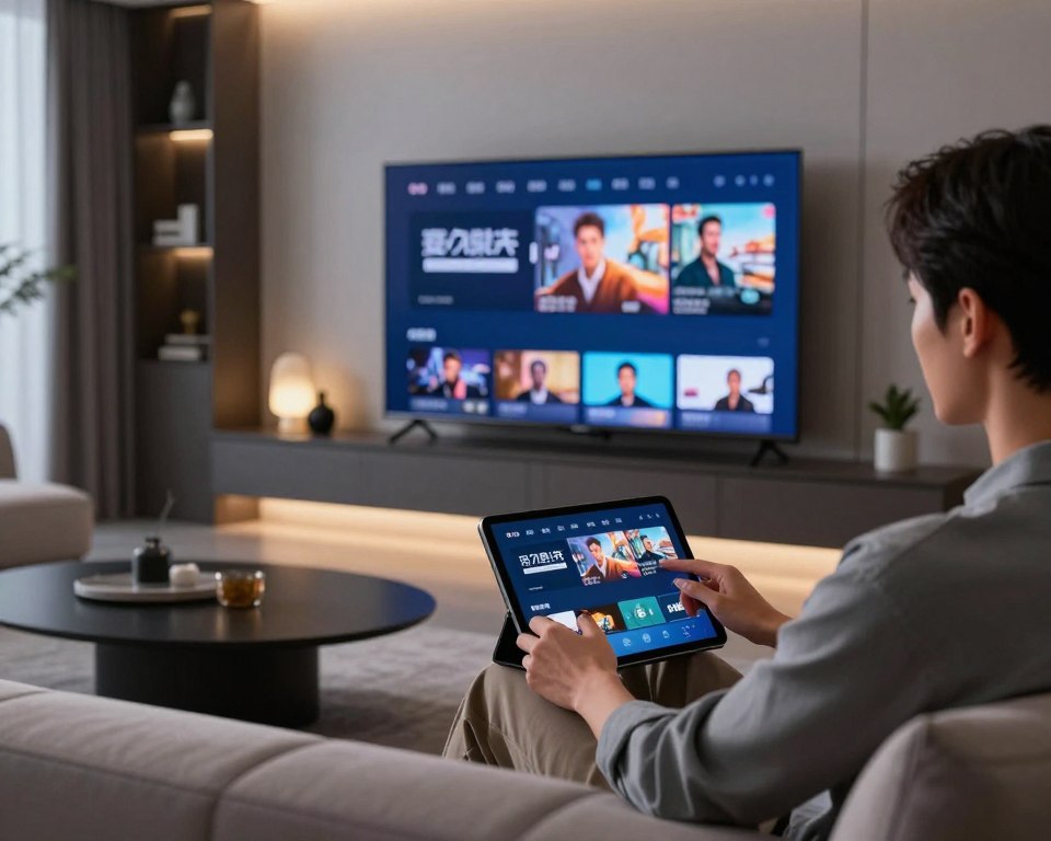 A modern, high-tech living room featuring a sleek flat-screen TV displaying vibrant streaming content, with clear visual quality. In the foreground, a professional-looking person in smart casual attire is adjusting settings on a tablet, focusing on optimizing video quality. The middle ground includes a stylish couch with a cozy ambiance, complemented by soft, warm lighting that creates an inviting atmosphere. The background showcases a minimalist design with elegant decor and a bookshelf, highlighting a focus on technology. A soft-focus effect suggests a sense of motion, hinting at smooth streaming performance, while a cool color palette evokes a calm, efficient environment. The image projects a mood of sophistication and ease in enjoying high-quality video streaming.