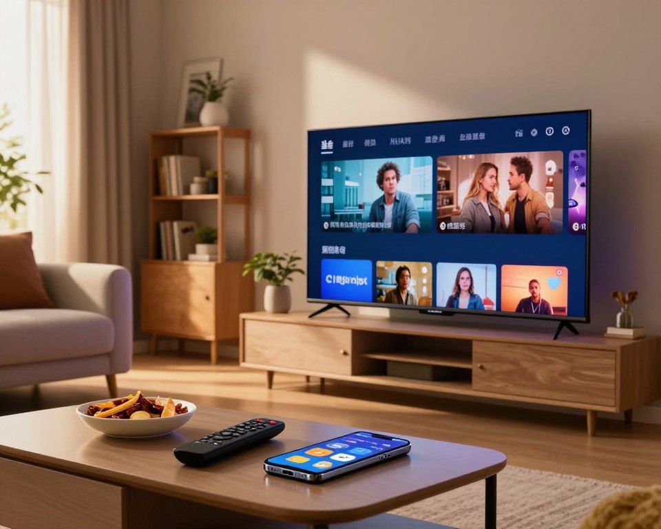 A modern home entertainment setup, showcasing a sleek smart TV displaying vibrant streaming content. In the foreground, a stylish coffee table adorned with a remote control, snacks, and a smartphone with streaming apps open. In the middle, a cozy living room with comfortable seating, illuminated by warm, ambient lighting, evoking a relaxing atmosphere for binge-watching. The background features soft, muted colors, with bookshelves and decorative plants, enhancing the homey feel. The room is well-lit with natural sunlight streaming through a window, while a soft glow from the TV screen provides additional focus. The overall mood is inviting and perfect for an optimal streaming experience. Ensure the scene reflects professionalism and comfort, with no text or overlays present.