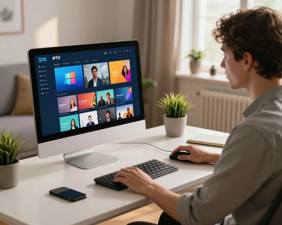 A modern home office scene depicting a user seamlessly integrating IPTV on a Windows PC. In the foreground, a sleek desktop computer displays a vivid IPTV interface with streaming options visible, capturing the essence of digital television. The user, a professional in modest casual attire, sits focused, using a mouse and keyboard. In the middle ground, a minimalist desk with an organized layout includes a small potted plant and a notepad, enhancing the workspace's ambiance. The background features a cozy room with soft, natural lighting filtering through a window, casting a warm glow, while a subtle technological vibe is created with modern decor elements. The overall mood is one of efficiency and modernity, inviting viewers to explore IPTV technology.