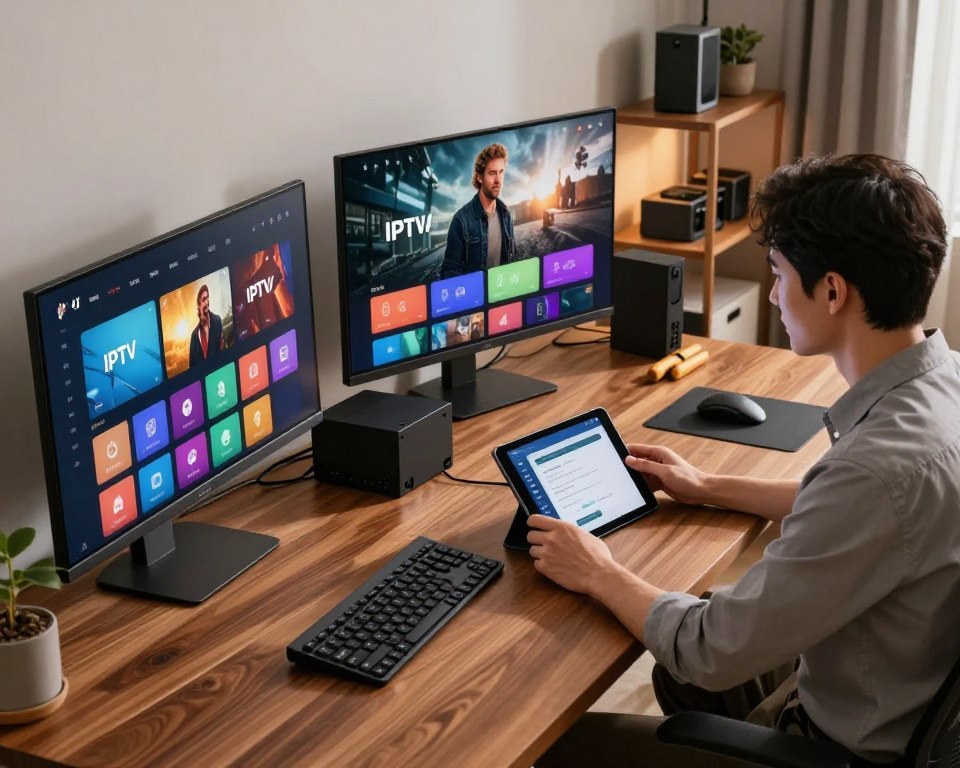 A modern home office scene featuring a desktop computer and gaming console setup. In the foreground, a sleek computer monitor displays an IPTV installation interface with vivid colors and user-friendly icons. Beside it, a stylish gaming console is connected to a large television displaying a movie selection screen. In the middle ground, a focused user in professional attire sits at a polished wooden desk, intently following the installation guide on a tablet. The background features a well-organized shelf with tech gadgets and minimalist decor, bathed in soft, ambient lighting for a cozy atmosphere. The lens captures the scene from a slightly elevated angle, highlighting the engaging aspects of installing IPTV on devices. The mood conveys a blend of technology and comfort, suitable for both work and leisure.