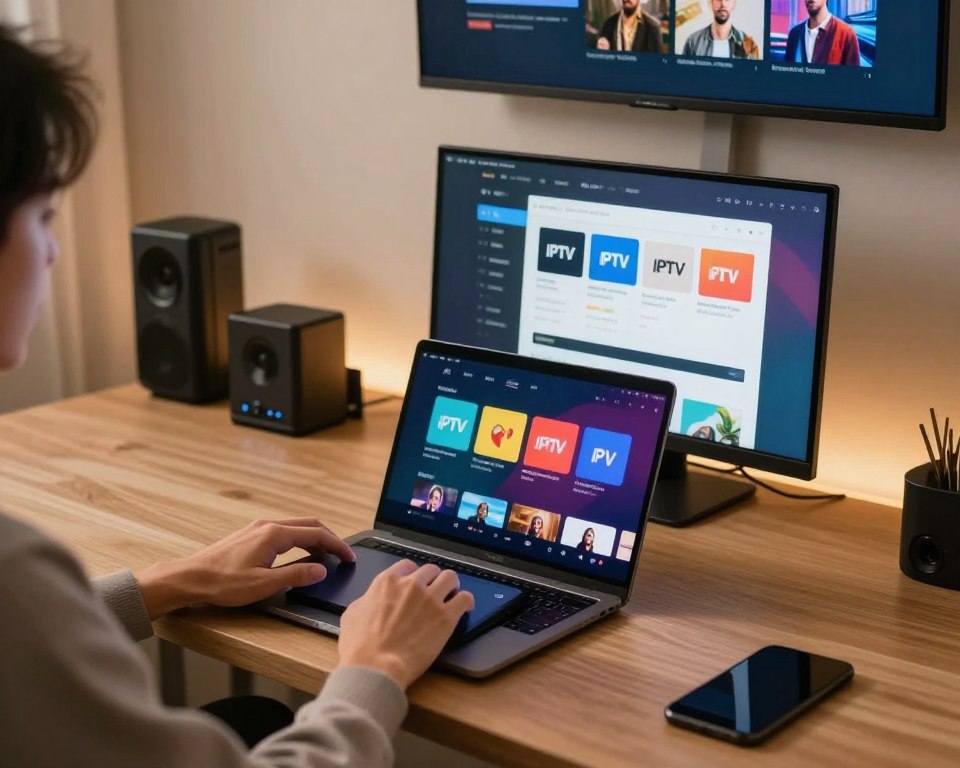 A modern home office scene focused on the installation of IPTV applications. In the foreground, a sleek laptop displays an IPTV installation interface with vibrant graphics, while a pair of hands, dressed in smart casual attire, expertly navigates the touchpad. In the middle ground, a dual-monitor setup showcases multiple IPTV app icons and a helpful online guide, illuminated by soft, warm lighting to create an inviting atmosphere. The background features a well-organized workspace, including tech gadgets and a wall-mounted TV displaying streaming content, adding a dynamic element. The overall mood is focused yet relaxed, with a sense of contemporary technology integration. The perspective is slightly elevated, offering a clear view of the setup without any distracting elements.
