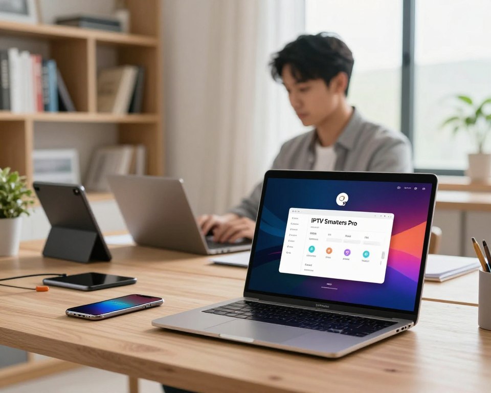 A modern home office setting featuring a sleek laptop displaying the installation screen of IPTV Smarters Pro. In the foreground, the laptop's screen shows a vibrant, colorful interface of the app, highlighting its features. In the middle ground, a professional wearing business casual attire is focused on the installation process, surrounded by tech gadgets like a tablet and smartphone, suggestive of a seamless setup experience. The background is a bright, well-lit room with bookshelves and a large window allowing soft natural light to enter, creating a welcoming atmosphere. The scene conveys a sense of tech-savvy professionalism, with a clean and organized workspace, ideal for highlighting IPTV installation.