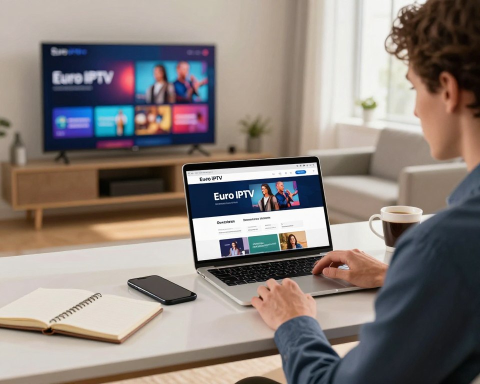 A modern home office setting, focusing on a laptop displaying the Euro IPTV subscription page, easily visible on the screen. The foreground features a person in professional business attire, demonstrating the subscription process with a focused expression. In the middle ground, a stylish desk is organized with a smartphone, notebook, and a cup of coffee, creating a relatable atmosphere for viewers. The background displays a well-lit room with a large TV mounted on the wall, showcasing vibrant entertainment options available through Euro IPTV. Natural light streams in through a window, casting a warm glow over the entire scene, evoking a sense of excitement and convenience associated with streaming. The composition highlights the integration of technology in daily life, inviting viewers to explore the subscription process.