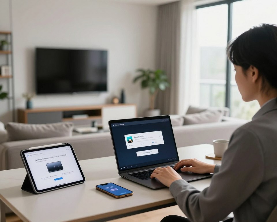 A modern home office setting with a sleek, minimalist aesthetic. In the foreground, a person is seated at a stylish desk, focused on a laptop with the Nox IPTV activation interface displayed on the screen. The individual is wearing professional business attire, conveying a sense of expertise and seriousness. To the left, an open tablet showcases steps for IPTV installation, while a smartphone sits nearby, displaying a support number. The middle ground features a cozy couch with a flat-screen TV mounted on the wall, giving a warm, inviting atmosphere. Soft, natural light pours in from a large window, creating a calm and productive environment. The background includes subtle decorative elements like indoor plants and a bookshelf, enhancing the professional yet relaxed feel of the space.