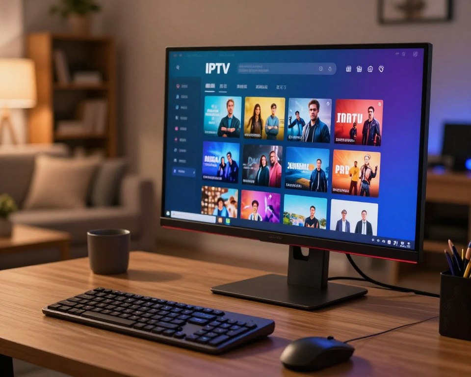 A modern home office setup featuring a sleek Windows PC displaying a vibrant IPTV application interface with various live television channels and program options. In the foreground, a stylish computer keyboard and mouse, illuminated by soft, warm desk lighting. The middle layer showcases a large monitor with an engaging IPTV app layout, featuring colorful thumbnails of TV shows and movies. In the background, a cozy living room ambiance, with a comfortable sofa and a bookshelf, suggesting a relaxed viewing experience. The scene is professionally captured with soft focus effects, employing a slight tilt-shift lens angle to emphasize the computer display. The overall mood is inviting and tech-savvy, evoking the excitement of streaming TV shows on PC.