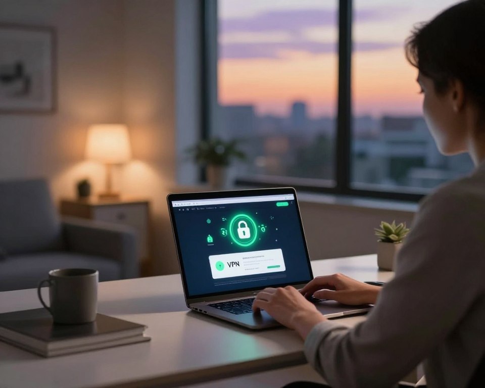 A modern home office setup featuring a sleek desk with a laptop displaying a VPN interface, symbolizing secure streaming. In the foreground, a professional individual dressed in smart casual attire is focused on the screen, with secure connection icons subtly glowing in green. The middle ground shows a cozy, well-lit space with soft ambient light creating a warm, inviting atmosphere. In the background, a window reveals a tranquil cityscape at dusk, with soft hues of orange and purple in the sky. The overall mood is one of comfort and digital security, emphasizing the importance of a reliable VPN for streaming. Use soft focus on the background to draw attention to the foreground subject and the laptop screen.