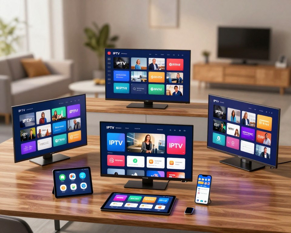 A modern, informative comparison of IPTV applications displayed on multiple sleek television screens in an office setting. In the foreground, three TVs are arranged on a stylish wooden table, each showing vibrant, colorful images of various user interfaces from popular IPTV apps. The middle section features an organized layout of tablets and smartphones showcasing app icons, with app ratings overlaying them. The background includes a blurred view of a contemporary living room with soft, warm lighting creating an inviting atmosphere. The scene is captured from a slight overhead angle, emphasizing clarity and detail. The overall mood is professional and engaging, inviting viewers to explore IPTV application comparisons without any text or distractions.