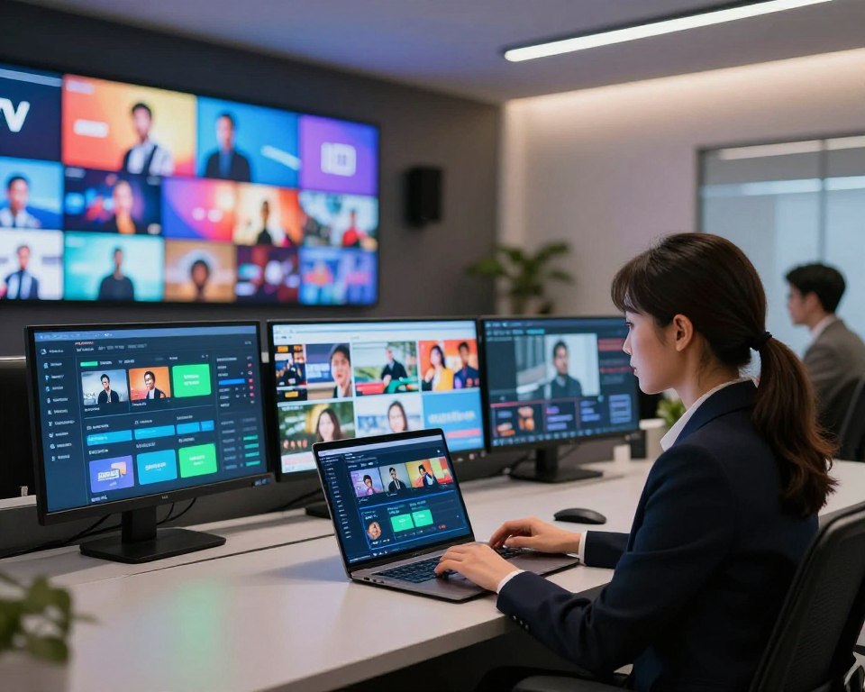 A modern, inviting control room for IPTV management, filled with multiple large screens displaying various television channels in vibrant colors. In the foreground, a professional woman in business attire is actively customizing channel settings on a sleek laptop, with focused determination. To the left, a high-tech digital interface showcases user-friendly options for channel selection and management, glowing softly with blue and green ambient lighting. The middle ground features several monitors, each depicting different popular shows and live broadcasts, creating a sense of connectivity and choice. The background is a stylish, contemporary office setting with minimalistic decor and soft lighting, conveying a mood of innovation and personalization in television viewing.