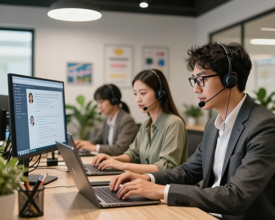 A modern, inviting customer support office scene, showcasing a diverse team of three professional support agents working together. In the foreground, a male agent with glasses, dressed in business attire, is attentively speaking on a headset, while a female agent in smart casual clothing is typing on a laptop, looking engaged. In the middle ground, there's a large screen displaying customer queries and technical support graphics, illuminated by soft overhead lighting. The background features a bright, open space with potted plants and motivational posters, enhancing the welcoming atmosphere. The scene conveys professionalism and teamwork, with a warm, supportive mood. The focus is on fostering client connection and responsive assistance, with a well-organized workspace.