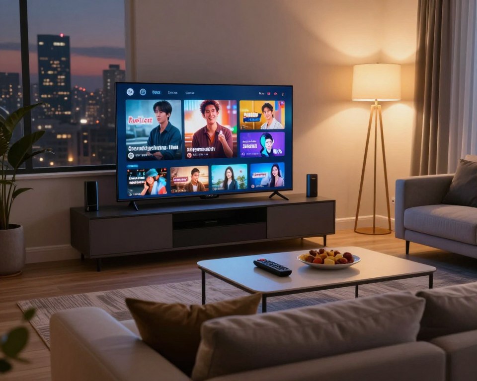 A modern living room atmosphere focused on enhancing the streaming experience, featuring a sleek smart TV displaying vibrant content. In the foreground, a comfortable sofa with plush cushions invites relaxation. The middle ground showcases a stylish coffee table with a remote control and snacks, while a subtle ambiance is created by warm, ambient lighting from elegant floor lamps. In the background, a window reveals a city skyline at dusk, suggesting an urban lifestyle. The overall mood is cozy and inviting, reflecting a sense of enjoyment and ease. The scene is captured from a slightly elevated angle, utilizing soft focus for foreground elements to highlight the layers of the experience, emphasizing comfort and modern technology in a harmonious setting.