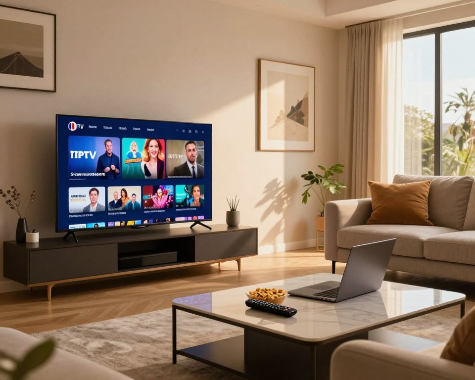 A modern living room designed for entertainment, featuring a sleek flat-screen TV displaying vibrant French international channels. In the foreground, a stylish coffee table with a remote control, snacks, and a laptop open to an IPTV service. In the middle, a cozy sofa with plush cushions, complemented by elegantly framed art on the walls. The lighting is warm and inviting, creating a relaxing atmosphere, with soft shadows enhancing the room's depth. In the background, large windows let in natural light, revealing a sunny day outside. The overall mood is stylish and comfortable, showcasing the appeal of IPTV subscriptions for enjoying diverse international content.