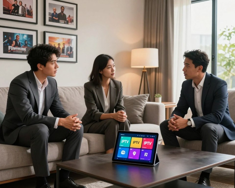 A modern living room featuring a diverse group of three individuals—two men and one woman—dressed in professional business attire, engaged in a discussion about customizable IPTV plans. In the foreground, a sleek coffee table is adorned with a tablet displaying colorful IPTV options. In the middle ground, a comfortable sofa nestles against a wall adorned with framed images of popular TV shows, suggesting flexibility and choice. The background showcases a large window letting in natural light, casting warm tones across the room, creating an inviting atmosphere. The overall mood is collaborative and dynamic, emphasizing the adaptability of premium IPTV services to fit individual preferences and needs.