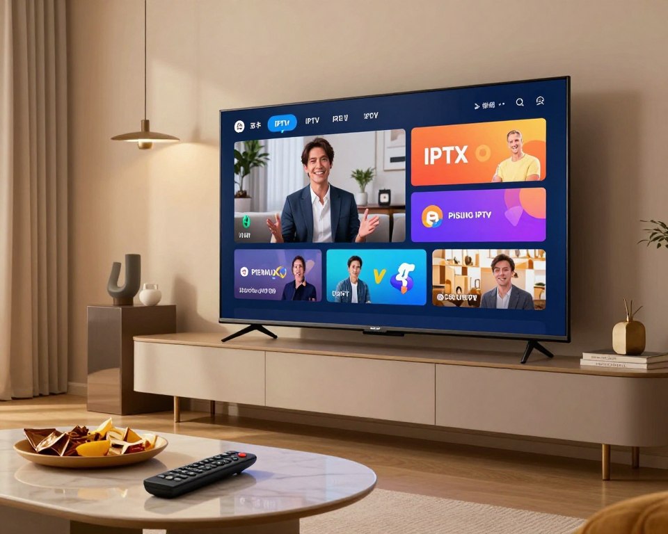 A modern living room featuring a large flat-screen TV displaying vibrant digital content, symbolizing the advantages of premium IPTV subscriptions. In the foreground, a stylish coffee table holds a remote control and a snack platter, suggesting a cozy viewing experience. The middle layer showcases a person, dressed in casual yet professional attire, happily engaging with the TV, illustrating satisfaction and enjoyment. The background features soft lighting that creates a warm, inviting atmosphere, with modern furniture and decorative elements enhancing the setting. The angle of the image is slightly tilted, emphasizing the TV's screen while maintaining a balanced composition, conveying a sense of comfort and modernity in entertainment choices.