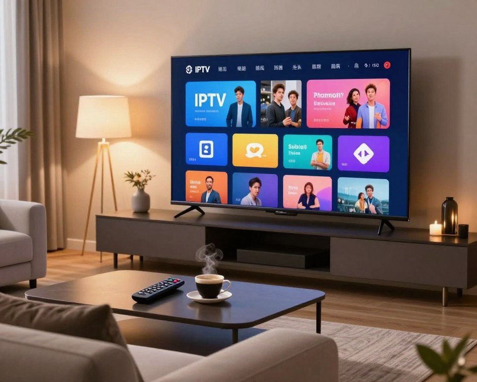 A modern living room featuring a large, sleek flat-screen television displaying a vibrant user interface of a premium IPTV service. In the foreground, a comfortable sofa with elegant cushions invites relaxation. On a stylish coffee table, a remote control lies beside a steaming cup of coffee. In the middle ground, a well-organized, intuitive user interface is visible on the TV, showcasing colorful icons for various streaming options and a visually appealing, user-friendly layout. The background includes soft, ambient lighting from decorative lamps, casting a warm glow that enhances the cozy atmosphere. The scene conveys a sense of convenience, sophistication, and an optimal user experience, with an inviting and engaging aesthetic.