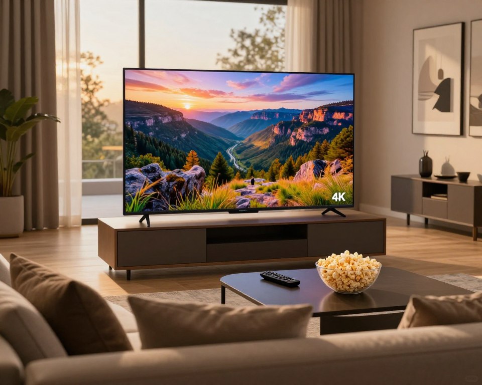 A modern living room featuring a large, sleek television displaying vivid 4K imagery of a breathtaking natural landscape. In the foreground, a comfortable sofa with elegant cushions invites viewers to relax, embodying a cozy atmosphere. The middle ground portrays a stylish coffee table with subtle decor elements like a remote control and a bowl of popcorn, indicating a perfect movie night setting. Soft, warm lighting embraces the scene, creating a welcoming mood, while large windows in the background allow natural light to filter in, enhancing the colors on the screen. The walls are tastefully adorned with contemporary art, adding to the upscale feel of the room, making it ideal for showcasing the exceptional image quality of premium IPTV services.