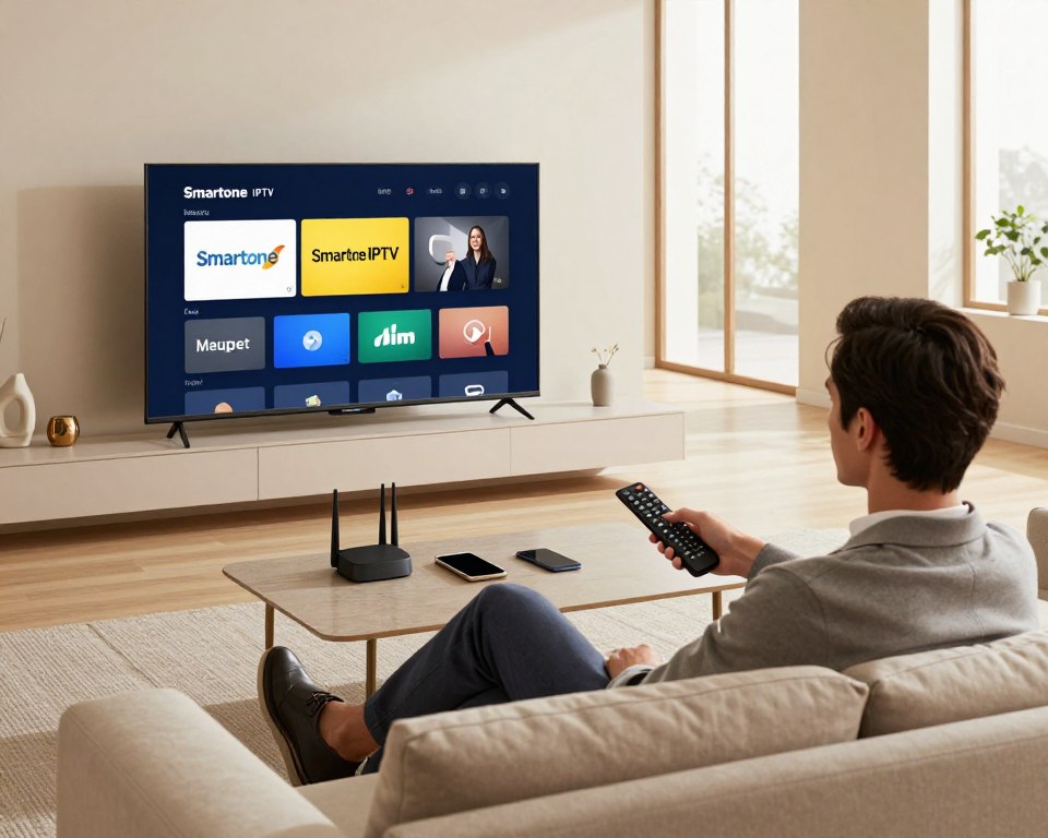 A modern living room featuring a sleek Smart TV displaying the Smartone IPTV application interface. In the foreground, a well-dressed professional is seated comfortably on a stylish sofa, interacting with a remote control, showcasing the installation and setup process. The middle ground includes a coffee table with tech gadgets, a Wi-Fi router, and a smartphone, emphasizing connectivity. In the background, large windows allow natural light to flood the room, with neutral-toned walls and minimalistic decor, creating a clean, inviting atmosphere. The scene is illuminated by soft, warm lighting for a cozy feel, captured from a slightly elevated angle to highlight both the person and the TV screen.