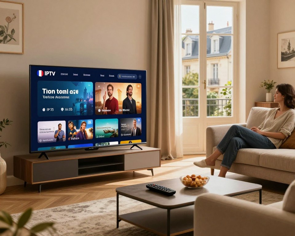 A modern living room featuring a sleek, flat-screen television displaying vibrant streaming content, illustrating IPTV services in France. In the foreground, a stylish coffee table with a remote control and snacks. The middle ground shows a cozy sofa with a person in smart casual attire, comfortably engaged in watching TV. Soft, warm lighting creates an inviting atmosphere, highlighting the richness of the room's decor, which includes subtle French artwork on the walls. The background features a large window with natural light streaming in, revealing a view of a typical French neighborhood, adding a sense of place and authenticity. The mood is relaxed and modern, conveying the convenience and enjoyment of premium IPTV subscriptions.