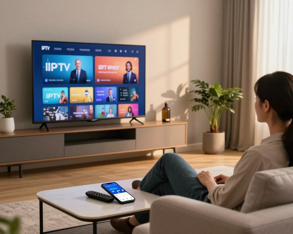 A modern living room featuring a sleek flat-screen television mounted on the wall, displaying a vibrant IPTV installation interface. In the foreground, a stylish coffee table with a remote control and a smartphone displaying a streaming app. In the middle, a comfortable couch with a relaxed individual in business casual attire, intently configuring the IPTV setup. The background showcases subtle decorative elements, like potted plants and soft ambient lighting, creating a warm, inviting atmosphere. The scene is illuminated with soft daylight pouring through a window, casting gentle shadows. Capture an overall mood of ease and enjoyment in using technology for entertainment.