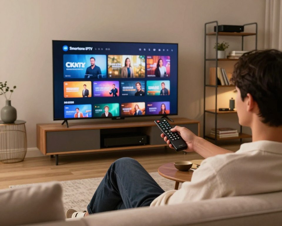 A modern living room featuring a sleek, high-definition television displaying vibrant streaming content. In the foreground, a focused individual—dressed in smart casual clothing—holds a remote control, looking content. The middle ground showcases a comfortable sofa and stylish decor, emphasizing a cozy yet tech-savvy atmosphere. The background includes subtle details like industrial-style shelving with streaming devices and books. Soft, warm lighting creates an inviting ambiance, while a low-angle perspective highlights the television as a central element of entertainment. The overall mood conveys relaxation and enjoyment in a contemporary space, embodying tips for optimizing the Smartone IPTV experience.
