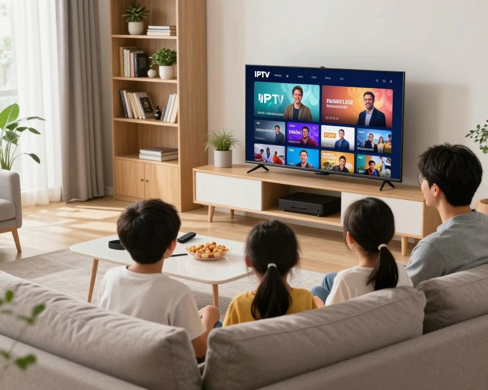 A modern living room infused with soft, natural light during the daytime, featuring a sleek television prominently displaying vibrant visuals of IPTV streams. In the foreground, a family of four, dressed in casual, modest clothing, is seated comfortably on a contemporary sofa, engaged and smiling as they enjoy watching content together. The middle layer includes a stylish coffee table with a remote control, snacks, and electronic devices, suggesting a tech-savvy environment. In the background, a bookshelf filled with various media and plants adds warmth to the scene. The mood is inviting and cheerful, reflecting the joy of discovering high-quality entertainment options through free IPTV trials. The image should capture a sense of comfort and modern technology without any text or overlays.