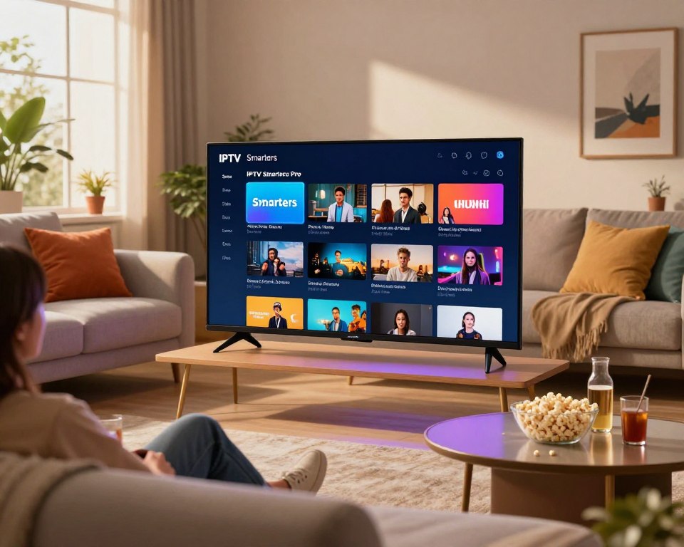 A modern living room scene featuring a sleek digital device displaying the IPTV Smarters Pro application interface on its screen, with vibrant channel menus and rich visual thumbnails. In the foreground, a comfortable couch adorned with colorful cushions invites viewers to relax. The middle ground includes a stylish coffee table with popcorn and drinks, emphasizing a casual viewing atmosphere. The background reveals a warm ambiance with soft, natural lighting streaming through a large window, highlighting houseplants and tasteful artwork. A subtle reflection of the device screen casts a glow, enhancing the tech-savvy, inviting environment. The overall mood conveys excitement and ease of use, perfect for enjoying online television.