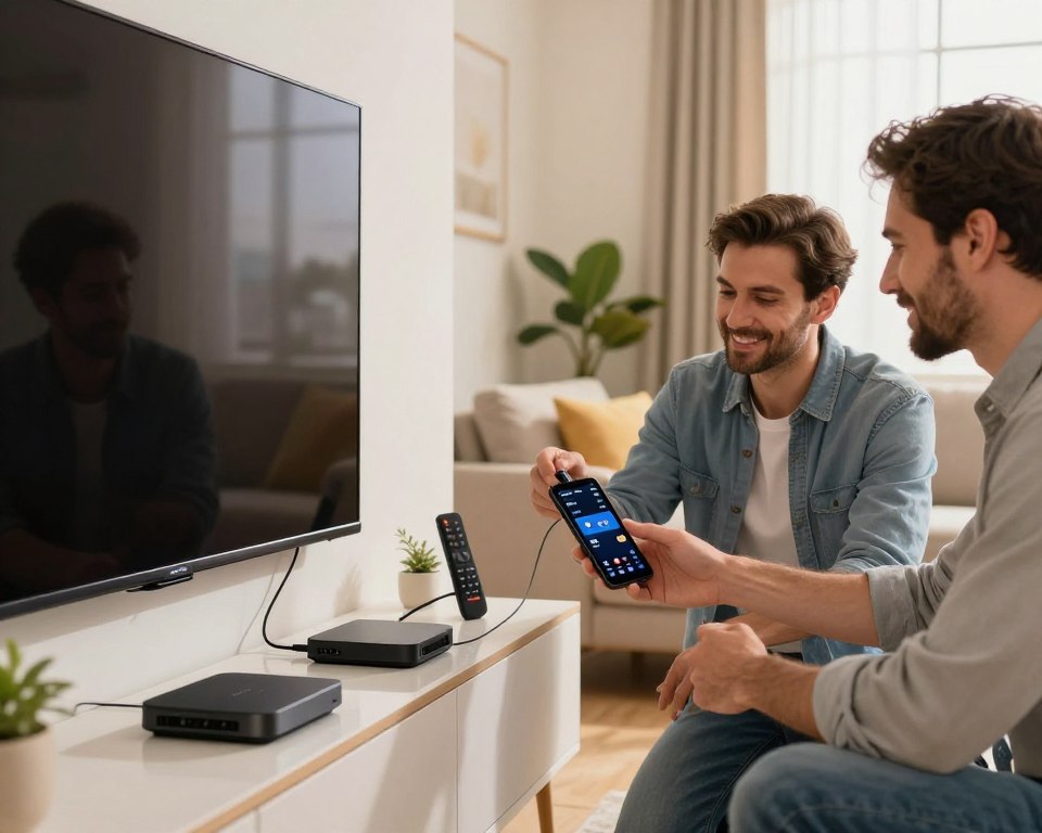 A modern living room scene highlighting the easy installation of IPTV devices for television. In the foreground, a sleek flat-screen TV mounted on the wall, with various IPTV devices like a streaming box and remote controls neatly arranged on a stylish TV stand. In the middle, a friendly technician in a smart casual outfit demonstrates the installation process, showing the connection of cables and setting up the system on a mobile device. The background features a cozy sofa and decorative plants, bathed in warm light from a nearby window, creating an inviting atmosphere. Use a shallow depth of field to focus on the interaction while softening the background elements. The mood should feel professional yet approachable, showcasing convenience and multi-device compatibility.