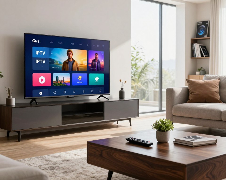 A modern living room scene showcasing a Smart TV displaying IPTV configuration settings. In the foreground, a sleek, dark wood coffee table holds a remote control and a small potted plant. The Smart TV is mounted on a wall, its screen glowing with vibrant colors, reflecting a user-friendly interface for setting up IPTV options. In the middle ground, a stylish couch is visible, with plush cushions in neutral tones. Bright, natural light streams through large windows, casting soft reflections on the glass furniture surfaces. The background features modern decor and a bookshelf with tech manuals. The atmosphere is inviting and tech-savvy, highlighting the ease of configuring IPTV on Smart TVs. The image is brightly lit, creating an engaging environment for viewers.