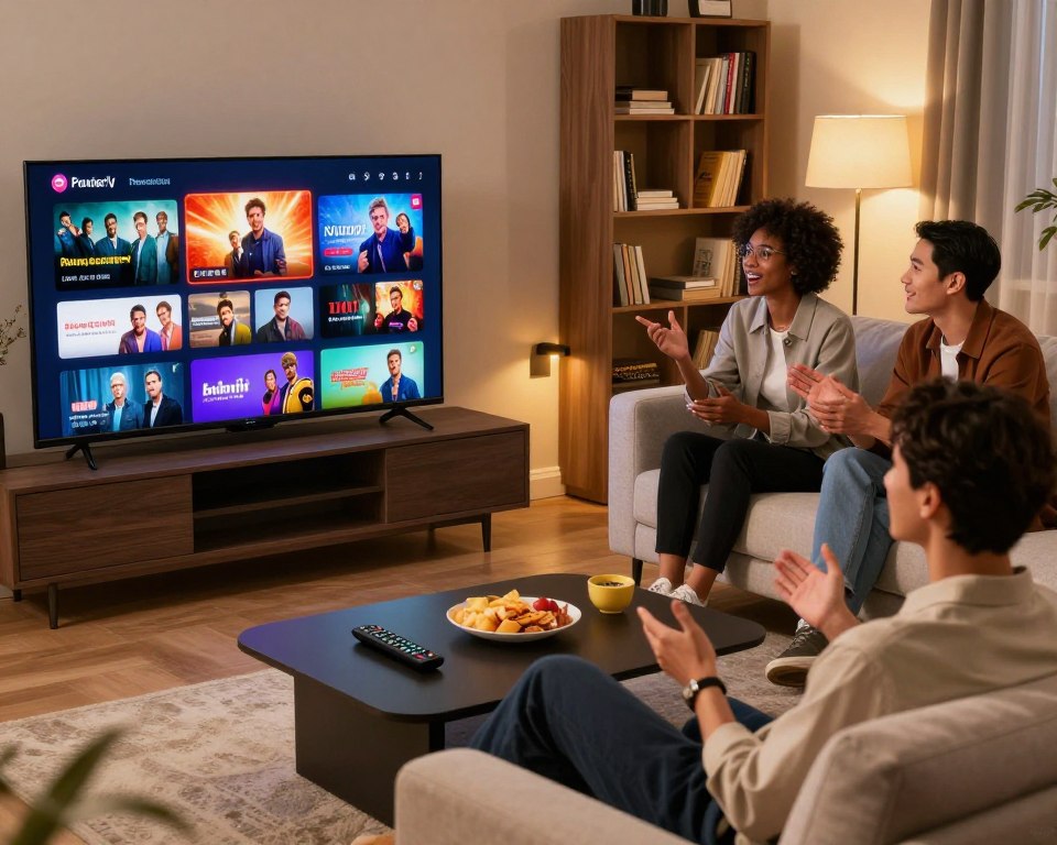 A modern living room scene showcasing a high-definition television displaying vibrant streaming content, symbolizing the advantages of a Premier IPTV subscription. In the foreground, a stylish coffee table with a remote control and snacks invites relaxation. The middle features a comfortable sofa where a diverse group of three professionals, dressed in smart casual attire, engage enthusiastically while discussing the latest shows, conveying a sense of enjoyment and community. The background includes a bookshelf filled with entertainment options, under warm, inviting lighting that creates a cozy atmosphere. The image is shot from a slightly elevated angle, emphasizing both the technology and the engaging social interaction, all while maintaining a polished and professional aesthetic.