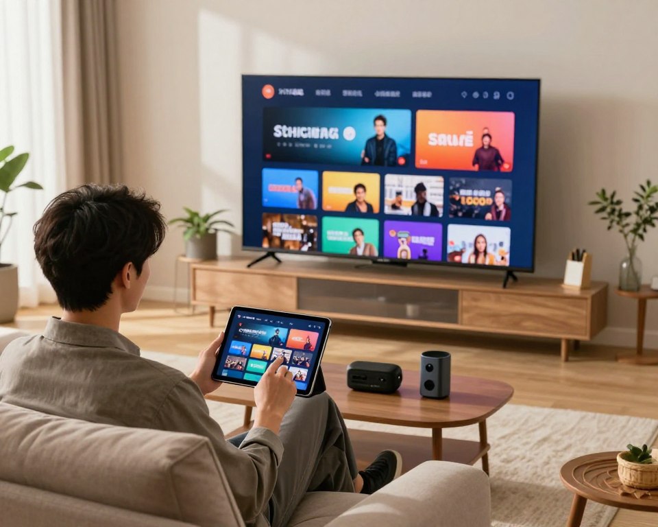 A modern living room scene showcasing a practical demonstration of a streaming service. In the foreground, a professional individual, dressed in business casual attire, is seated on a comfortable couch, attentively using a sleek tablet. The middle background features a large flat-screen TV displaying a vibrant streaming interface, highlighting various genres and titles. Soft, warm lighting creates an inviting atmosphere, with sunlight filtering through sheer curtains. Decorative elements like houseplants and tech gadgets on a coffee table enhance the contemporary feel. The overall mood is engaging and informative, conveying the ease of accessing streaming services. Use a wide-angle lens to capture the entire scene, emphasizing the connection between the user and the technology.