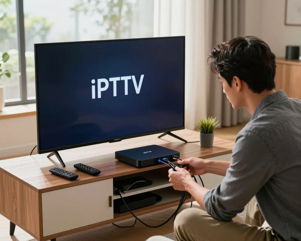 A modern living room scene showcasing a professional technician configuring an IPTV system. In the foreground, the technician, dressed in smart casual attire, is focused on a sleek smart TV while connecting cables and setting up the device. The middle layer features a stylish entertainment unit with a streaming device, remote controls, and organized cables, conveying an air of technological efficiency. The background is softly lit, featuring a large window that lets in natural light, illuminating the cozy ambiance. The mood is inviting and innovative, representing easy installation and seamless configuration. Use soft lighting to create a warm atmosphere, and capture the scene from a slightly elevated angle to emphasize the technician's focused engagement with the technology.