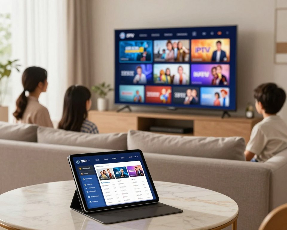 A modern living room scene showcasing a sleek television displaying a vibrant array of IPTV channel options. In the foreground, a stylish coffee table features an open tablet displaying subscription plans and pricing in an attractive format. The middle ground includes a cozy sofa setting with a family engaged in selecting their viewing options, dressed in smart casual attire. The background features a bright window with soft natural light filtering in, creating a welcoming atmosphere. The color scheme is warm and inviting, emphasizing comfort and technological modernity. The overall mood is relaxed and family-oriented, illustrating the concept of flexible subscription options and competitive pricing in a friendly environment.