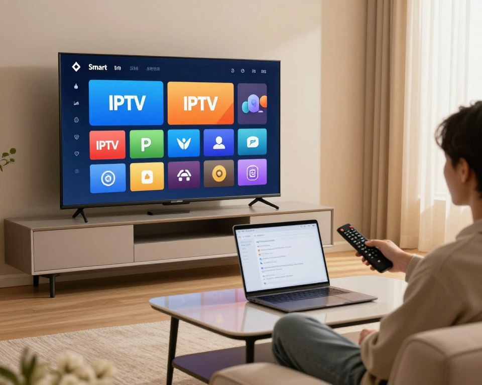 A modern living room scene showcasing the installation application interface for a Smart TV. In the foreground, a sleek Smart TV is displayed on a stylish console, with vibrant application icons related to IPTV. A person in modest casual clothing is seated on a comfortable sofa, using a remote control to navigate the setup process on the screen. The middle layer features a tidy coffee table with a laptop open, displaying instructions on connecting the Smart TV to the internet. The background includes warm, soft lighting filtering through a window, creating an inviting atmosphere. Use a slight depth of field to focus on the TV and the user, ensuring a professional and engaging mood that illustrates technology in a home setting.