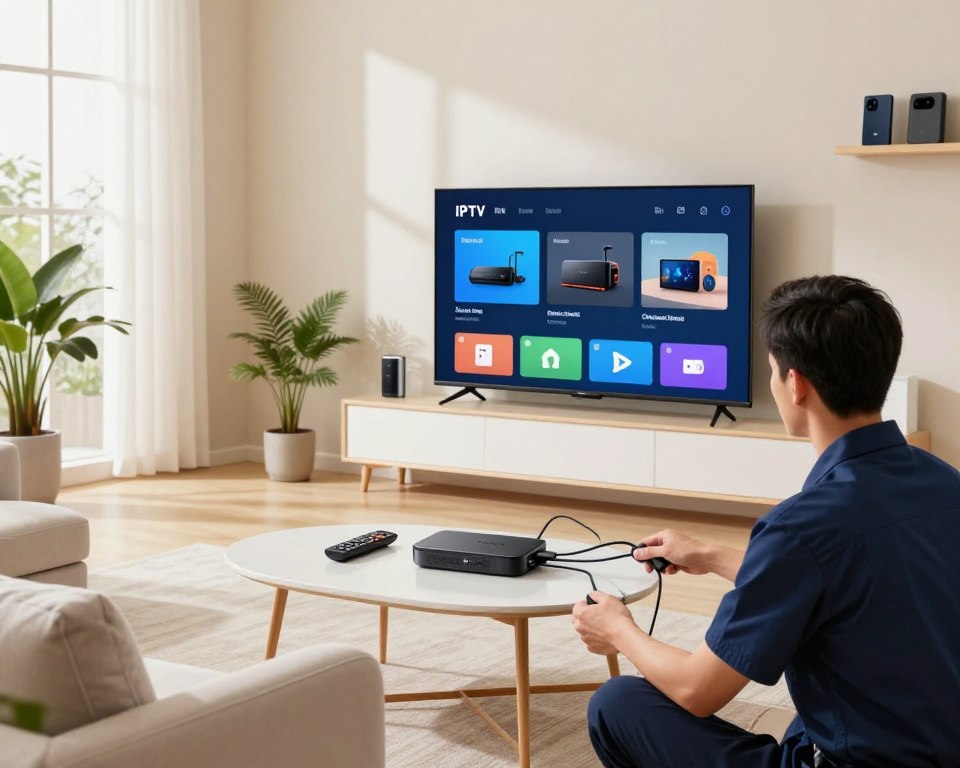 A modern living room set up for IPTV installation, featuring a sleek, unobtrusive television mounted on the wall. In the foreground, a technician in professional attire is demonstrating the simple setup of an IPTV device, connecting various cables easily. The middle area showcases a comfortable sofa, a stylish coffee table with a remote, and a user-friendly interface on the TV screen that illustrates a seamless device compatibility. The background includes soft natural lighting streaming through a window, plants in pots, and shelves displaying tech gadgets, creating a cozy yet professional atmosphere. The overall mood is welcoming and informative, emphasizing ease of installation across all devices, with sharp focus and an inviting, bright color scheme.