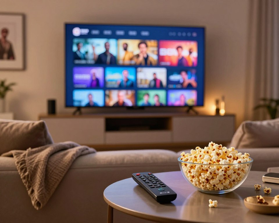 A modern living room setting, designed for entertainment, featuring a large flat-screen TV displaying a colorful VOD replay interface filled with various video thumbnails. In the foreground, a high-quality smart remote sits on a stylish coffee table alongside a bowl of popcorn. In the middle, a comfortable sofa with plush cushions invites relaxation, with soft blankets draped casually over the armrest. The background showcases ambient lighting, creating a cozy atmosphere with warm tones. A subtle reflection of a movie poster can be seen on the wall. The scene is well-lit, emphasizing the inviting nature of home streaming. The mood is relaxed and engaging, perfect for binge-watching favorite shows.
