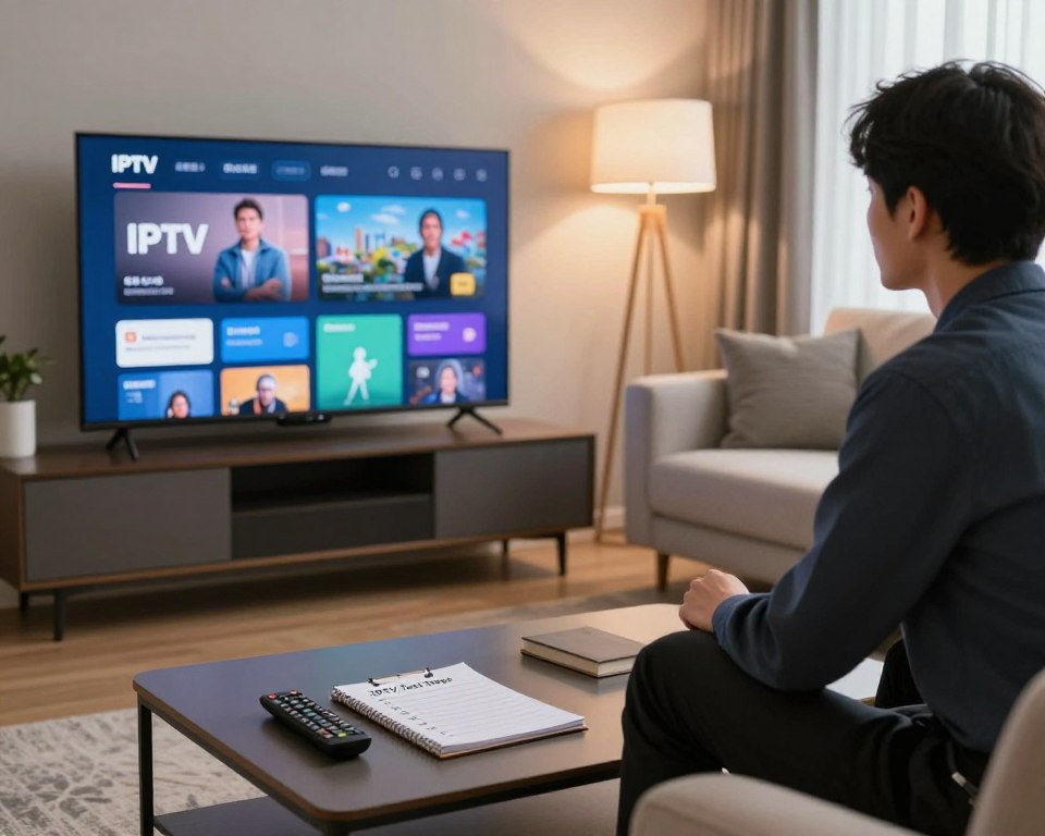 A modern living room setting featuring a sleek TV displaying an IPTV interface. In the foreground, a thoughtfully arranged coffee table holds a remote control and a notepad with checklists labeled “IPTV Test Steps.” The middle ground shows a stylish couch where a person in professional attire, focused and engaged, is attentively watching the screen. The background features soft ambient lighting from a floor lamp, creating a cozy atmosphere. Natural light filters through a window, enhancing the room's warmth. The overall mood conveys a sense of readiness and concentration, illustrating the process of starting an IPTV quality check. The image captures a moment of technological engagement and family comfort.
