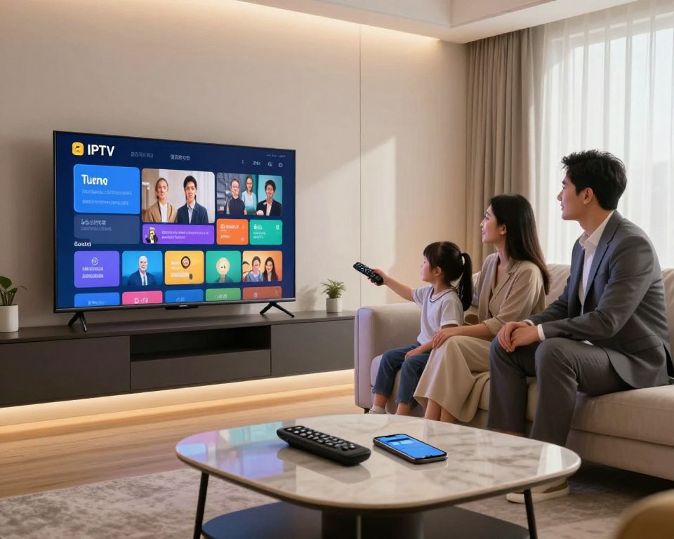 A modern living room setting featuring a sleek flat-screen television displaying a colorful electronic program guide interface. In the foreground, a stylish coffee table holds a remote control and a smartphone, hinting at a user-friendly IPTV experience. The middle ground consists of a comfortable sofa with a family of three dressed in professional attire, engaging with the TV and remote. The background displays a well-decorated wall with soft ambient lighting, creating a warm and inviting atmosphere. The scene captures a feeling of family togetherness and modern technology enhancement. The lighting is soft and natural, streaming in from a nearby window, adding a cozy touch. The overall mood emphasizes personalization and the joy of tailored entertainment experiences.