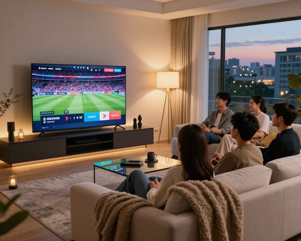 A modern living room setting featuring a sleek, high-definition flat-screen TV prominently displaying vibrant, crystal-clear streaming content. In the foreground, a stylish and comfortable sofa with a plush throw blanket invites relaxation. The middle ground shows a group of friends gathered, immersed in watching a live sports event, dressed casually yet professionally in modern attire. Soft, ambient lighting creates a warm and inviting atmosphere, enhanced by stylish lamps and decorative elements. In the background, a large window reveals a view of a serene urban landscape at dusk, illuminated by city lights. The overall mood is one of enjoyment and engagement with high-quality technology, capturing the essence of streaming excellence.