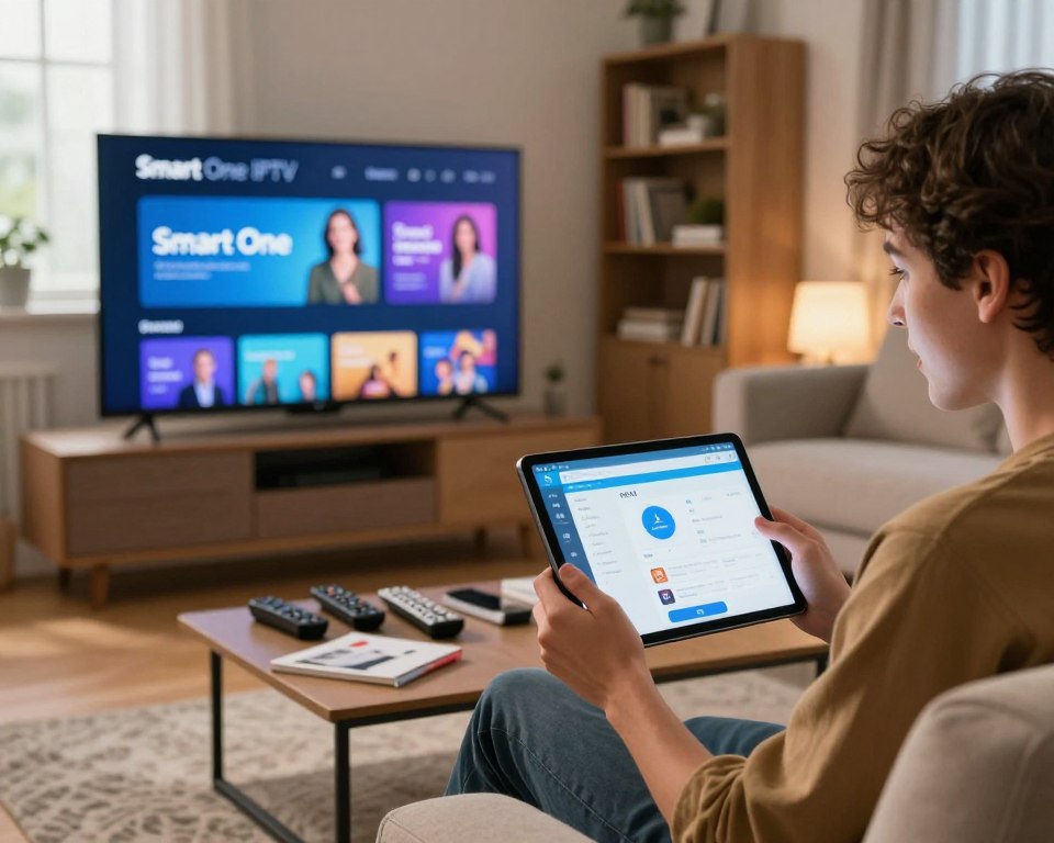 A modern living room setting featuring a sleek television displaying the Smart One IPTV interface. In the foreground, a tech-savvy person in smart casual attire is focused on their tablet, showcasing the installation app. The middle of the image has an inviting couch and a small coffee table cluttered with remote controls and user manuals, emphasizing a family-friendly atmosphere. The background features a stylish shelf filled with books and decorative items, with soft ambient lighting creating a warm, welcoming vibe. The angle captures the user's expression of concentration and excitement, with natural light filtering through a window, enhancing the cozy feeling of the space.