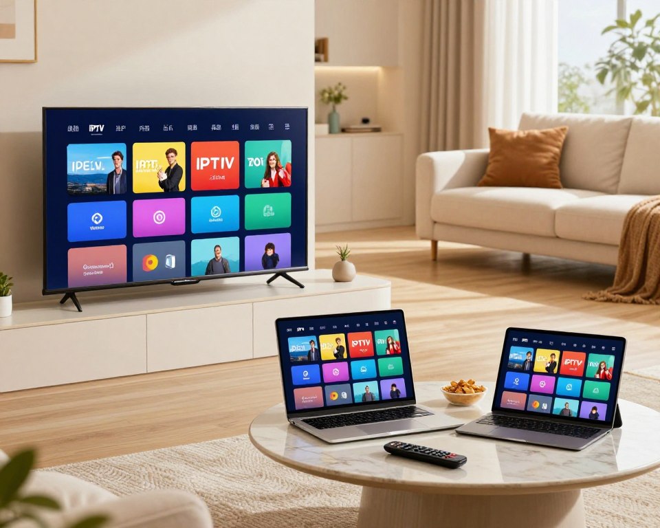 A modern living room setting featuring a variety of devices showcasing IPTV compatibility. In the foreground, a sleek smart TV displays vibrant colors on the screen, highlighting a streaming service interface. Next to it, a laptop and a tablet both show the same content, symbolizing multi-device capability. The middle ground features a stylish coffee table with a remote control and snacks, creating a relaxed viewing atmosphere. The background has a cozy sofa and soft lighting, creating a warm and inviting mood. The scene is well-lit with natural sunlight pouring in through large windows, providing a sense of comfort and modernity. Aim for a clean, professional aesthetic that emphasizes connectivity and technology in a family-friendly environment.