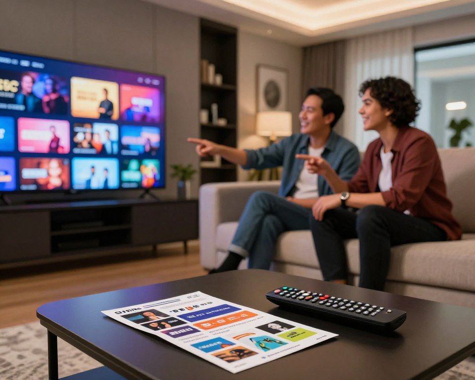 A modern living room setting featuring multiple screens displaying various streaming subscription offerings. In the foreground, a sleek coffee table with a remote control and subscription flyers spread out, emphasizing diverse options. The middle ground shows a comfortable sofa with a couple of people in professional casual attire, engaged in a friendly discussion about their streaming choices, smiling and pointing at the screens. The background features a stylish entertainment unit with bright, eye-catching graphics on the screens showcasing streaming genres like movies, series, and sports. Warm, inviting lighting creates a cozy atmosphere, with a slight lens blur on the background to focus the viewer's attention on the subjects and screens.
