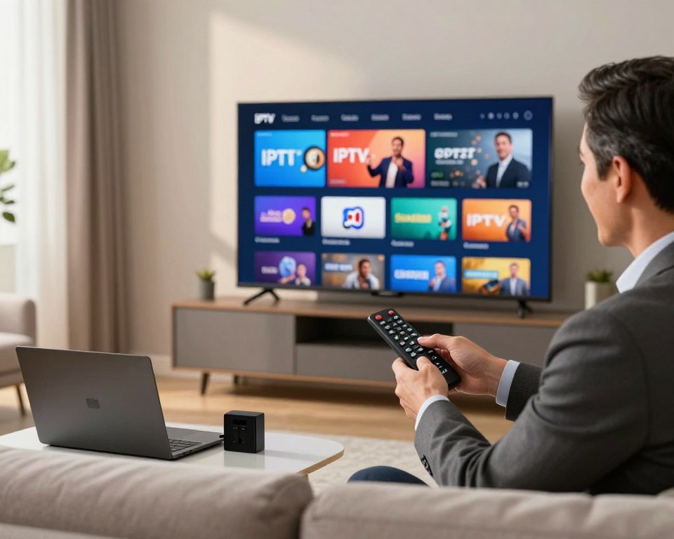 A modern living room setting, focusing on a sleek television displaying a vibrant IPTV interface with various streaming options visible. In the foreground, a professional individual in business attire, a middle-aged man, excitedly interacts with a remote control, showcasing the IPTV service experience. The middle ground features a comfortable couch with plugins for devices neatly arranged. In the background, soft natural lighting filters through a nearby window, casting a warm glow on the scene. The atmosphere is inviting and engaging, emphasizing a real-world demonstration of IPTV usage. The composition should highlight the interaction between the user and the technology while ensuring clarity and focus on the television display.