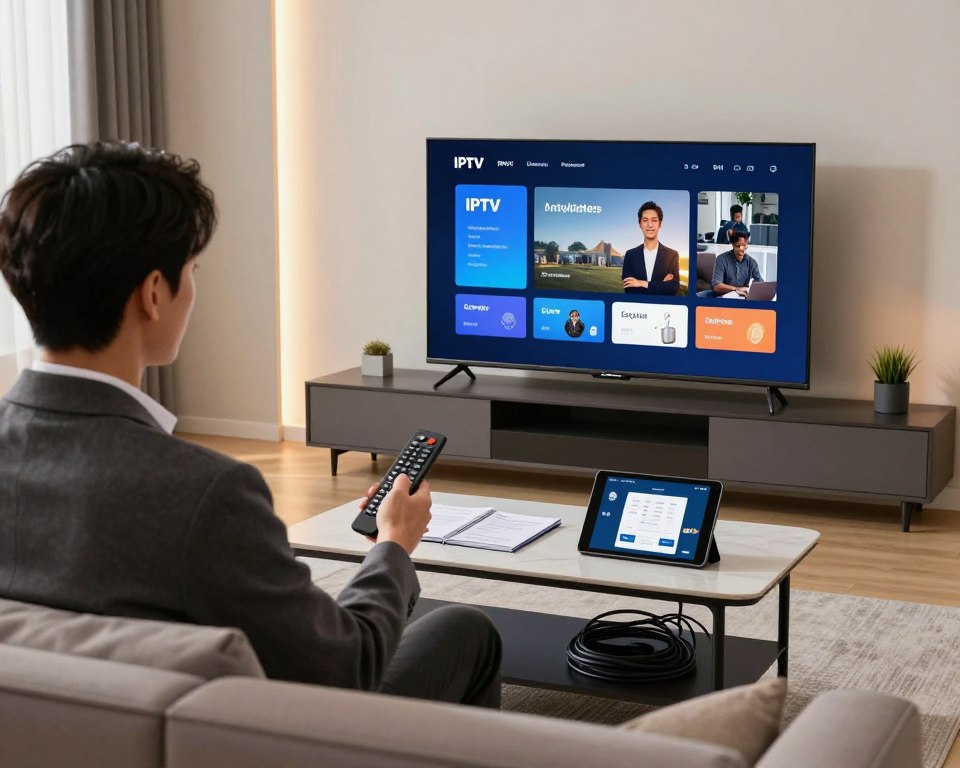 A modern living room setting, prominently featuring a stylish flat-screen television displaying an IPTV activation interface. In the foreground, a professional-looking individual in business casual attire is seated on a sleek sofa, holding a remote control, showing a focus on the screen. The mid-ground showcases a neatly arranged coffee table with installation guides, cables, and a tablet displaying a step-by-step installation process. The background captures a well-lit room with soft, ambient lighting to create a cozy atmosphere, highlighting minimalist decor. The scene conveys an inviting and efficient environment, focusing on the ease of IPTV service installation and activation. A wide-angle perspective enhances the sense of space and modernity.