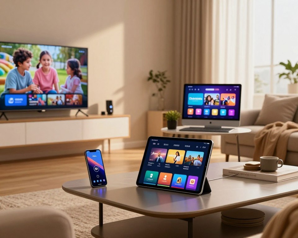 A modern living room setting showcasing a variety of devices compatible with IPTV services. In the foreground, a sleek tablet is positioned on a stylish coffee table, displaying a vibrant screen with a streaming interface. To the left, a smart TV mounted on the wall plays a family-friendly show, while a smartphone lies beside a cozy couch, demonstrating connectivity. The middle ground features a desktop computer with a beautiful display, highlighting its streaming capabilities. The background includes a warm and inviting ambiance with soft, natural lighting coming from a nearby window, creating a relaxed atmosphere. Use a wide-angle lens to capture the entire scene in detail, emphasizing the seamless integration of technology into everyday life.