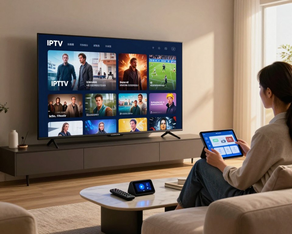 A modern living room setting with a sleek, large flat-screen TV displaying vibrant IPTV content, showcasing various genres like movies and sports. In the foreground, a stylish coffee table holds a remote and a digital device symbolizing secure subscription services. Soft, warm lighting creates a cozy atmosphere, while a window in the background allows natural light to filter in, casting gentle shadows. Include a professional-looking person, dressed in business casual attire, sitting comfortably on a plush sofa, engaged with the IPTV service using a tablet. The overall mood is relaxed and inviting, suggesting an enjoyable viewing experience with secure and reliable IPTV access.