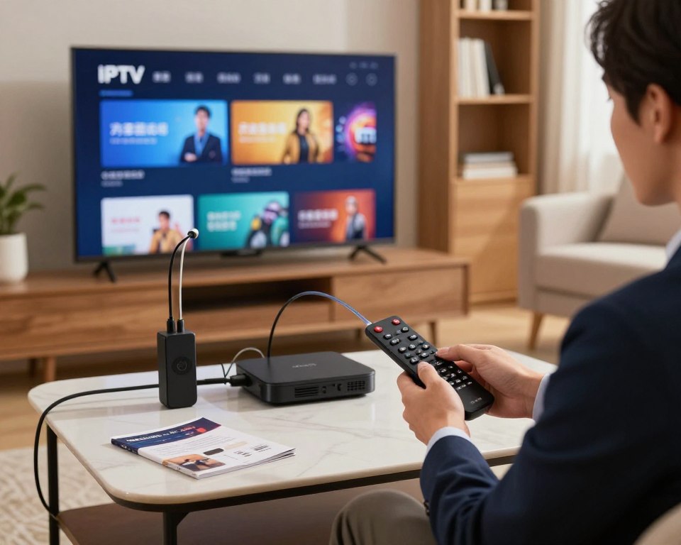 A modern living room setting with a sleek smart TV displaying an IPTV installation interface. In the foreground, a focused individual, dressed in professional business attire, is connecting various cables and setting up the IPTV service with a remote control in hand. The middle ground features a stylish coffee table with tech gadgets and a user manual for the IPTV service. The background depicts a cozy atmosphere with warm lighting, soft furnishings, and a bookshelf filled with technology books. The image should have a slightly blurred depth of field to emphasize the installation process. The mood conveys a sense of professionalism and ease, reflecting the simplicity of setting up an IPTV service.